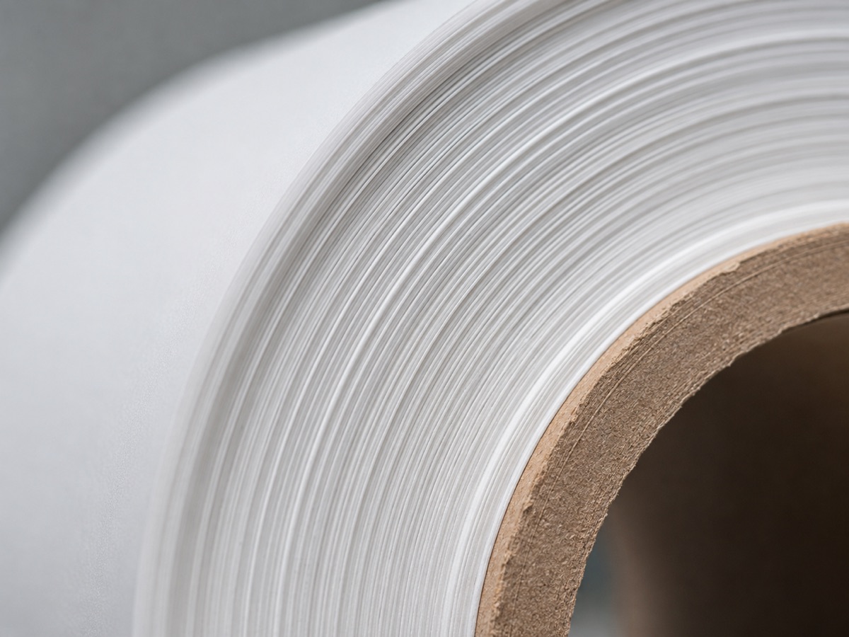 Close-up of a label roll on a cardboard core